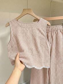 Frenchy Conjunto de 2 piezas de top sin mangas de cuello redondo a cuadros y pantalones para mujer - Caqui - Ver 3