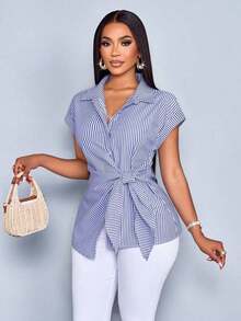 Camisa con botones y estampado de rayas para mujer, blusa casual y elegante con lazo delantero con estampado de rayas - azul real - Ver 8