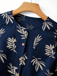 Vestido de mujer con cuello redondo, sin mangas, con estampado botánico y botones delanteros - Azul marino - Ver 6