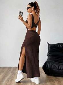 maxi informal sin mangas con abertura lateral, atuendo de mujer - Marrón - Ver 7