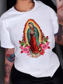 [Flash ] Luminous Figure Of A Traditional Symbol Surrounded By Vibrant Roses, Evoking Spiritual Protection And Eternal Hope With Warm Tones And Fine Details. Elegant, Casual, Comfortable Women's T-Shirt For Everyday Wear. Y2K Style T-Shirt For Women. - 風格 - 查看 9
