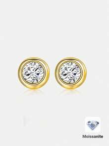 2 Peças Brincos de Pino Redondo de Moissanita de 1ct em Prata 925, Design Minimalista Elegante Adequado para Uso Diário, Festa, Feriado, Dia dos Namorados, Dia da Mãe, Aniversário, Presente de Joias da Moda - Ouro amarelo - Visão 1