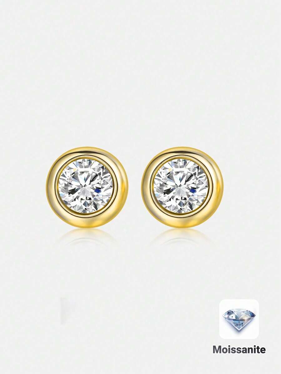 2 Peças Brincos de Pino Redondo de Moissanita de 1ct em Prata 925, Design Minimalista Elegante Adequado para Uso Diário, Festa, Feriado, Dia dos Namorados, Dia da Mãe, Aniversário, Presente de Joias da Moda - Ouro amarelo - Visão 1