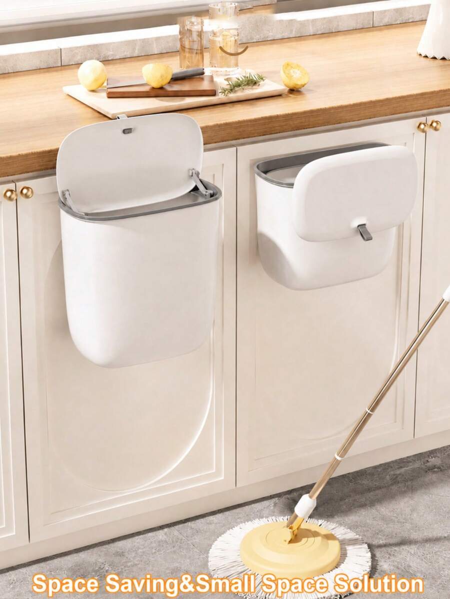 Cubo de basura de cocina colgante sin taladro con tapa, colector de residuos de alimentos extraíble y ahorrador de espacio para el fregadero de la cocina, caja de almacenamiento de cocina impermeable y duradera, adecuada para el hogar, el baño, la oficina, estilo beige moderno, artículo esencial de cocina para espacios pequeños, fácil de instalar en la puerta
