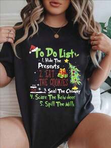 Women's Casual Short Sleeve T-Shirt - Round Neck, "To Do List Hide Presents Eat Cookies Seal Chimney Scare Reindeer Spill Milk" Print, Summer Top, Machine Washable, Women's T-Shirts, Casual Wear, Modern Style, Comfortable Fit

-White - 黑色 - 查看 1