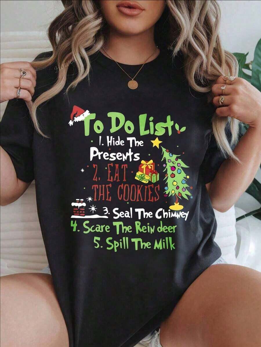 Women's Casual Short Sleeve T-Shirt - Round Neck, "To Do List Hide Presents Eat Cookies Seal Chimney Scare Reindeer Spill Milk" Print, Summer Top, Machine Washable, Women's T-Shirts, Casual Wear, Modern Style, Comfortable Fit

-White - 黑色 - 查看 1