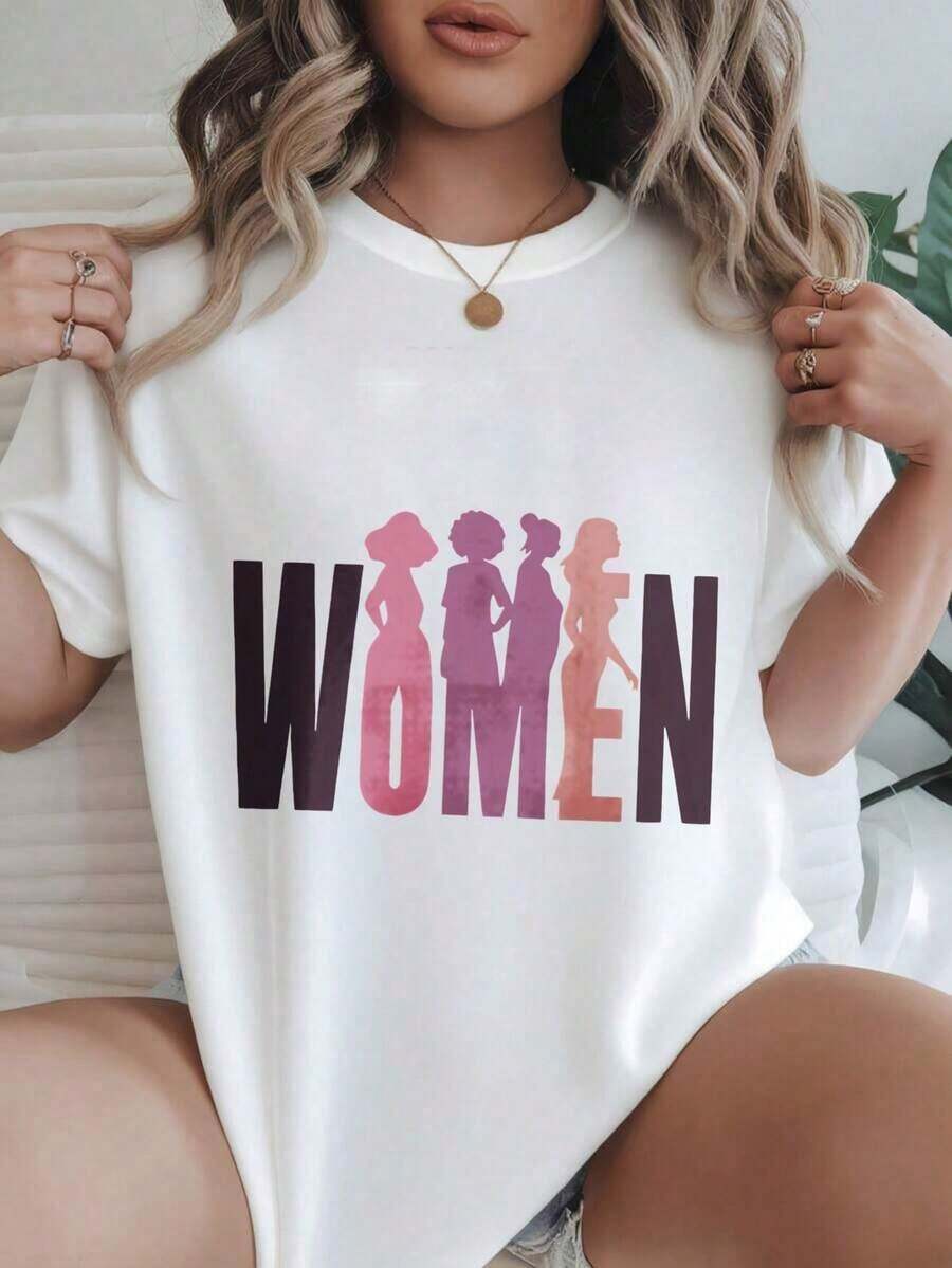 Siluetas de Mujeres en Rosa y Morado, Camiseta Casual con Estampado Moderno para Mujer, Adecuada para Todas las Temporadas
Negro - Blanco - Ver 1