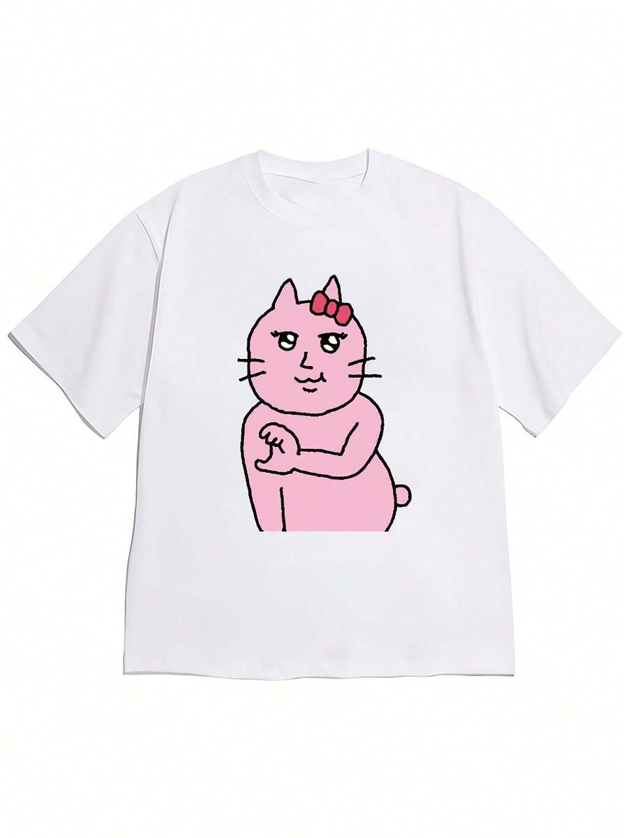 Nueva camiseta de manga corta con hombros caídos para primavera/verano 2026, verano, elegante y chic, rosa con lazo rojo, ilustración divertida de gato de dibujos animados tomados de la mano, camiseta de manga corta, estilo fantasioso y lindo, cómoda y agradable para la piel, para salidas diariasRopa diaria para chicas dulces o estudiantes ,Ropa fresca y sin sudor en verano,Traje de fiesta elegante,T-shirt para damas elegantes,Blusas adecuadas para mujeres con curva,