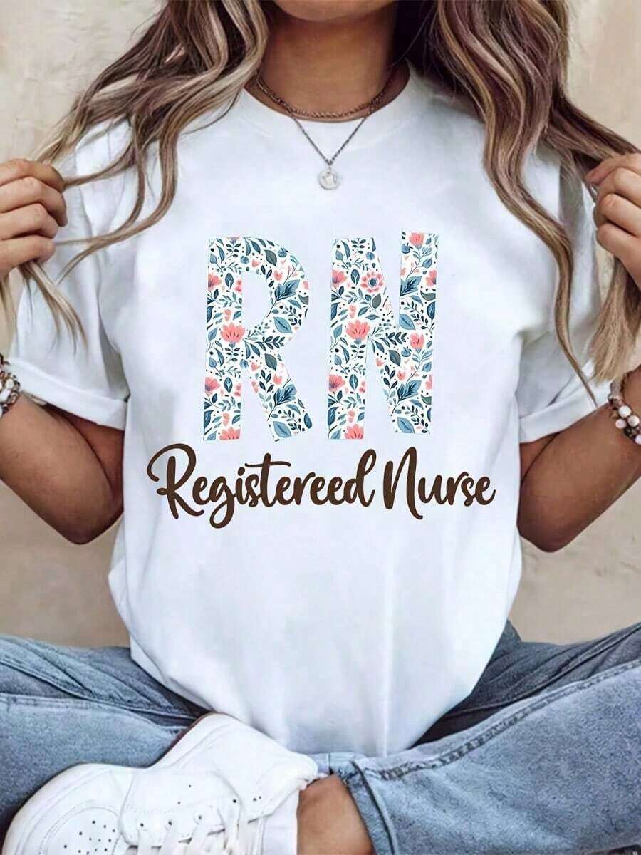 Women's Crew Neck T-Shirt With Floral RN (Registered Nurse) Print, Short Sleeves, Casual Style, Ideal For Nurses, For Work Or Everyday Wear. Suitable For Spring, Summer And Autumn. - White - View 1