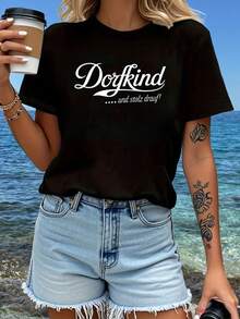 Camiseta con estampado de letras "Dorfkind  Stolz Drauf", de manga corta y cuello redondo, top casual para verano y primavera, ropa de mujer - Negro - Ver 2