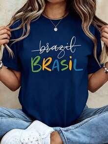 White Brasil Colorful Letter Print T-Shirt, Women Crew Neck Short Sleeve Casual Tee, Brazil National Flag Color Graphic Summer Vacation Loose Fit Top - 藏蓝色 - 查看 12
