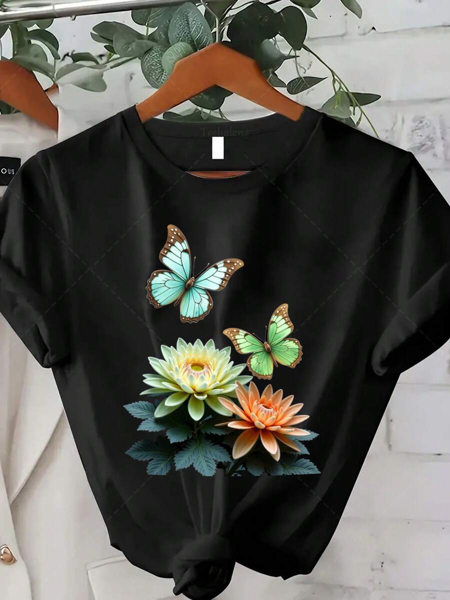 Classic Plus Size - Plus Size - Women's Plus Size T-Shirt With Butterfly And Flower Designs, Perfect For A Casual Summer Style. This Nature-Inspired T-Shirt Features A Crew Neck And Short Sleeves. A Bestseller. - 黑色 - 查看 1