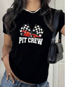 Summer Women's Printed T-Shirt With Racing Car And Flag Design, 220g, Ideal For A Casual And Modern Look. Fashion All-Match Women's Short Sleeve T-Shirt, Basic Style For Inner & Outer Wear - Black - View 8