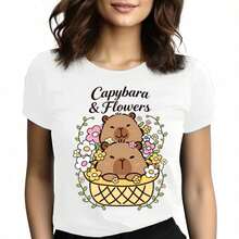 Tops para mujer con Estampado de Capibara y Flores para Mujer,  Casual de Algodón con Cuello Redondo y Manga Corta, Corte Regular con Elasticidad Media - Blanco - Ver 6