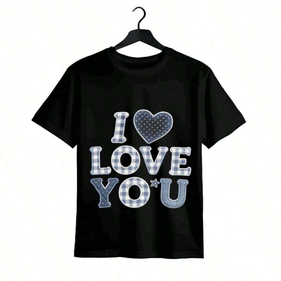 Tops para mujer de algodón casual de manga corta con cuello redondo para mujer, con estampado de corazón I Love You, top lindo de corte regular para uso diario en verano, ropa de verano para mujer, ropa de vacaciones para mujer, tops para mujer, tops y conjuntos de verano, ropa de verano, regalos de cumpleaños, regalos para la Copa Mundial 2026. - Negro - Ver 1