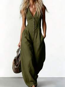 Women's Sleeveless V-Neck Button-Front Wide Leg Jumpsuit, Casual Linen-Blend Romper With Pockets - Dark Green - View 6