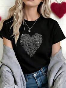 Glamorous Rhinestone Full Diamond Heart Graphic T-Shirt, 100% Cotton Oversized Soft Breathable Sparkly Tee, Casual Crewneck Short Sleeve Top For Parties & Night Out - Hitam - View 3