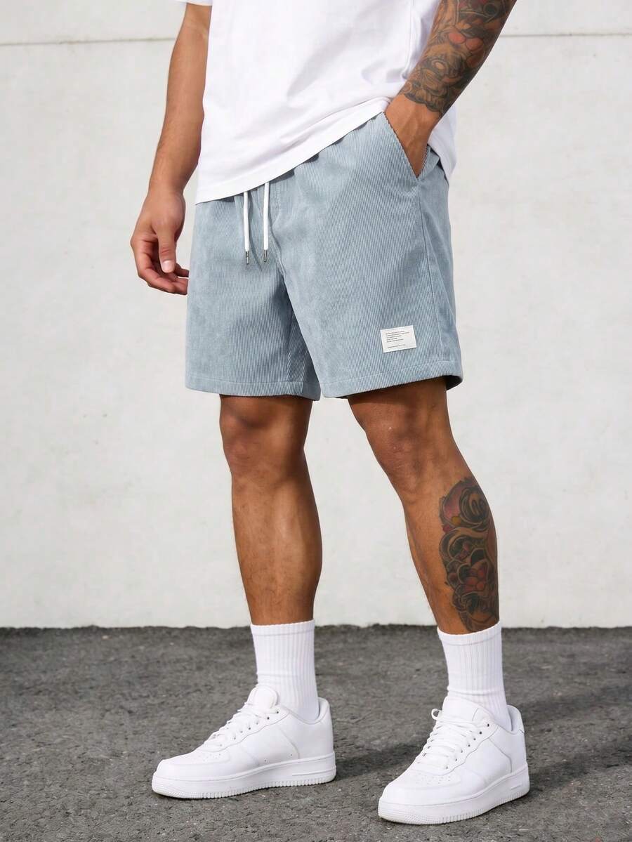 Quần short nam kiểu retro Mỹ bằng vải nhung kẻ, quần dài đến đầu gối dáng rộng, quần short nam casual dài đến đầu gối. - Màu xanh nhạt - Xem 1