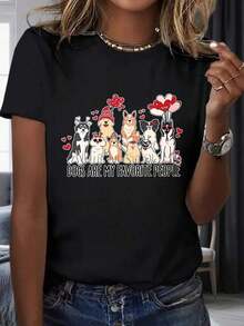 Women's T-Shirt With Dog Print, Gift For Dog Lovers, Valentine's Day Gift, 220g, 100% Cotton, Warm Clothing For Women - 黑色 - 查看 7
