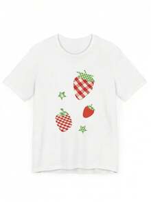 Novedad de primavera-verano 2026: estampado de dibujos animados de fresas, camiseta de manga corta para mujeres, muy versátil. una camiseta estampada muy distintiva / estilo unisex / adecuada tanto para hombres como para mujeres / resistente a las arrugas / transpirable - Blanco - Ver 1