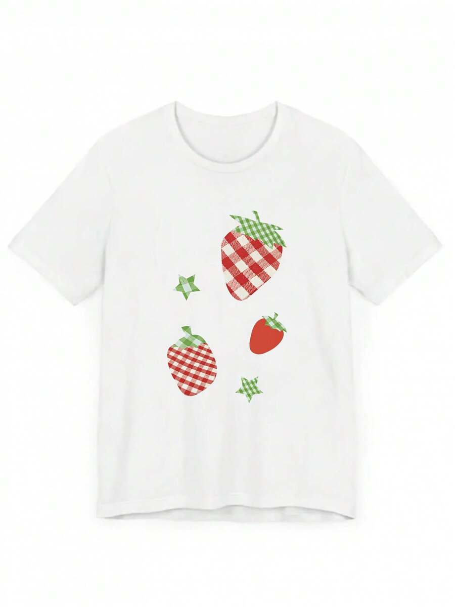 Novedad de primavera-verano 2026: estampado de dibujos animados de fresas, camiseta de manga corta para mujeres, muy versátil. una camiseta estampada muy distintiva / estilo unisex / adecuada tanto para hombres como para mujeres / resistente a las arrugas / transpirable - Blanco - Ver 1