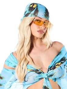 WOMEN Vestido mini de malla con estampado abstracto de acuarela, mangas de campana descubiertas del hombro, detalle de nudo delantero, para verano y playa - Azul - Ver 3