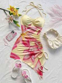 Vestido ceñido con estampado floral romántico de color rosa sobre base blanca, con dobladillo asimétrico, cuello halter y lazo, para vacaciones, playa, estilo occidental, festivales, verano, estilo bohemio - Vestidos de verano para mujer - Rosa - Ver 6