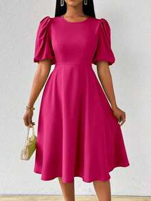Vestido verde de manga abullonada larga, cuello en V, cintura recogida y bajo acampanado, para primavera y verano - Rosa Fucsia - Ver 7