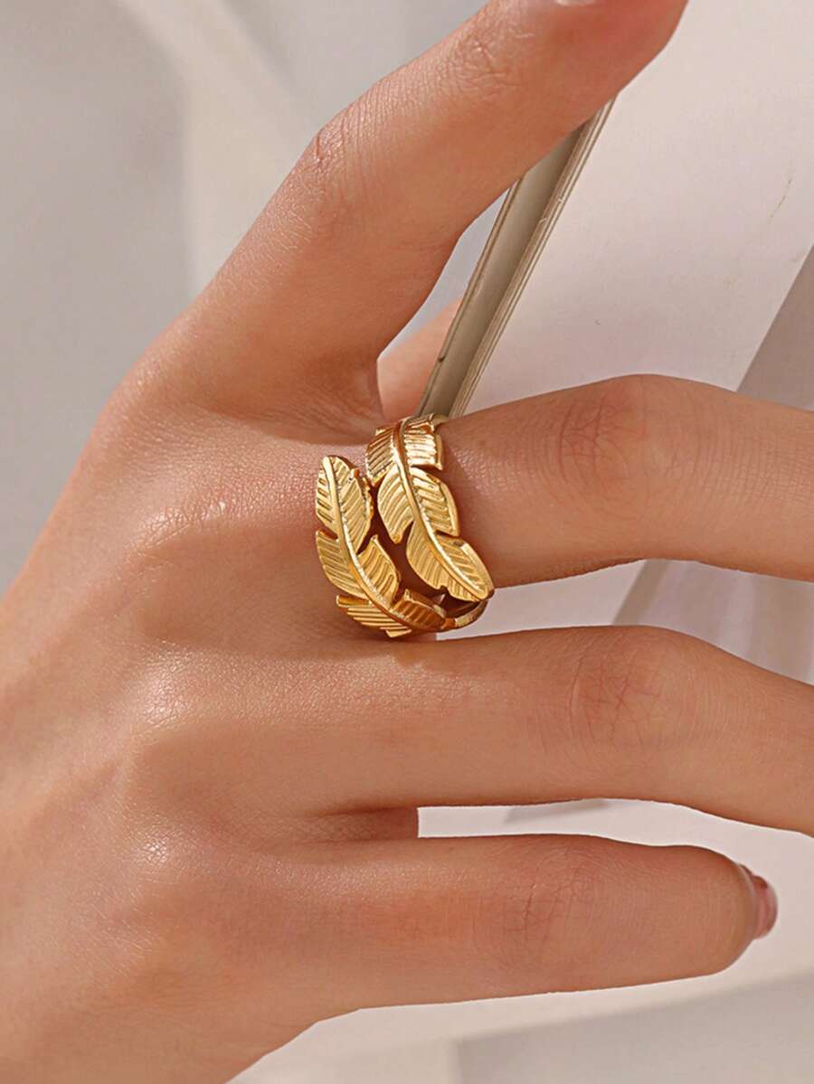 1 pieza Anillo abierto minimalista personalizado chapado en oro de 18K de acero inoxidable con pluma, adecuado para uso diario y fiestas de mujeres - Dorado - Ver 1