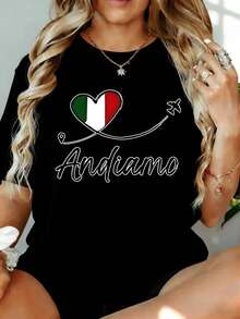 ropa de mujer Camiseta Blanca de Mujer con Estampado Gráfico de la Bandera Italiana y Corazón "Andiamo", Corte Holgado, Top Casual para Ocio en Casa y al Aire Libre, Regalo para el Día de San Valentín o Fiesta, camisas de mujer - Negro - Ver 4