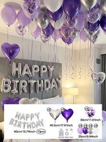 54件組紫色主題裝飾氣球，生日派對，16英吋銀色字母「Happy Birthday」，12英吋紫色箔片亮片乳膠氣球，金屬紫色，金屬銀色 - 彩色 - 查看 12