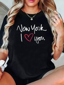 Camiseta de Mujer "New York I Love You" - Casual, cómoda, versátil, de manga corta con diseño de letras cursivas, negra, perfecta para el uso diario.| Camiseta con Estampado de Moda| Estilo con detalles acanaladosuna camiseta estampada muy distintiva / estilo unisex / adecuada tanto para hombres como para mujeres / resistente a las arrugas / transpirable - Negro - Ver 1
