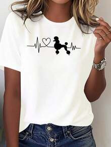 SummerLa Women's Comfortable Graphic Tees T-Shirt Features The Silhouette Of A Pomeranian With Lines That Simulate A Heartbeat, And Is Made Of 100% Cotton. Fashion All-Match Women's Short Sleeve T-Shirt, Basic Style For Inner & Outer Wear - 白色的 - 查看 12