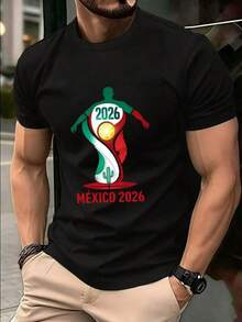 Men's Soft Cotton T-Shirt With Mexico 2026 World Cup Design, For Football Fans And Sports Lovers, Perfect Gift For Friends, Family And Teammates, Men's Christmas Costume, Lightweight And Breathable Short Sleeve Summer T-Shirt - 黑色 - 查看 1