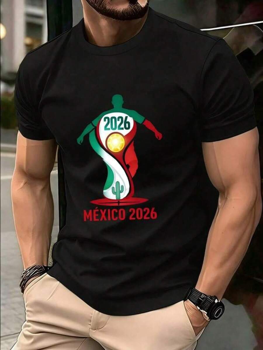 Men's Soft Cotton T-Shirt With Mexico 2026 World Cup Design, For Football Fans And Sports Lovers, Perfect Gift For Friends, Family And Teammates, Men's Christmas Costume, Lightweight And Breathable Short Sleeve Summer T-Shirt - 黑色 - 查看 1