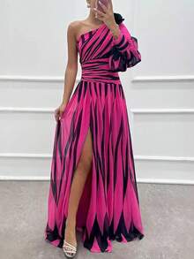 Off-The-Shoulder Print Dress With A Casual Slit For Everyday Wear - Hot Pink - View 1