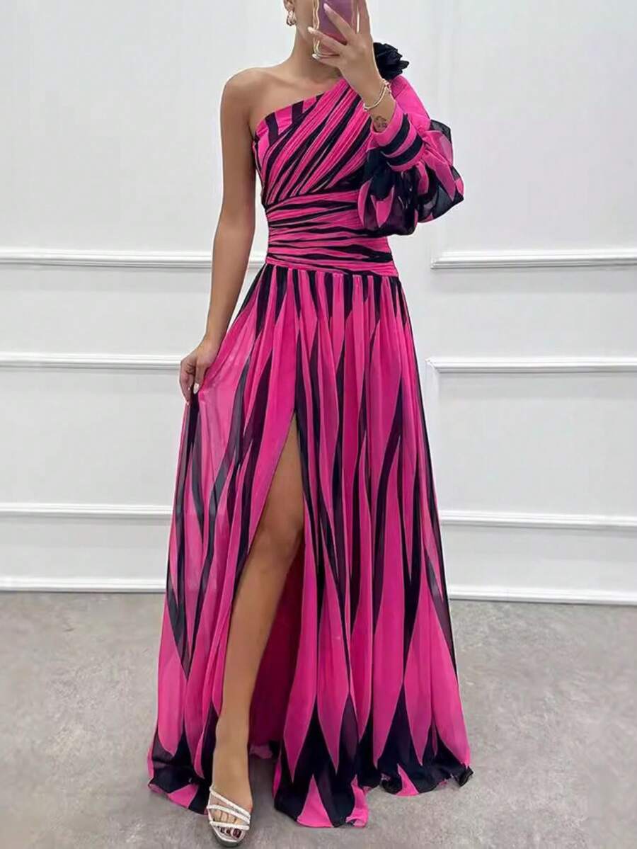 Off-The-Shoulder Print Dress With A Casual Slit For Everyday Wear - Hot Pink - View 1