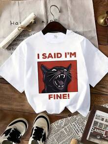 1PC Camiseta de manga corta con cuello redondo para mujer, de poliéster tejido, estilo casual, diseño para todas las estaciones, estampado creativo y moderno con diseño de gato negro.ropa de calor mujer - Blanco - Ver 7
