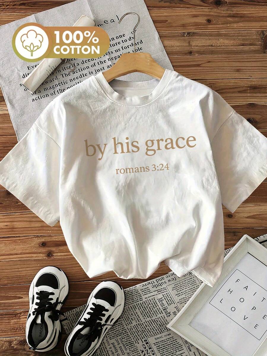 Women's Summer Top. Minimalist Style From His Grace Romans 3, Short-Sleeved T-Shirt With A Round Neck, Printed, Made Of Pure Cotton. Relaxing And Comfortable. - 白色 - 查看 1