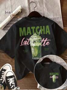 Women's Casual Short-Sleeve Top [Front And Back Images] Women's Spring/Summer Casual Top Cool Style Matcha Latte Straw Print MATCHA Latte Round Neck Short-Sleeve T-Shirt With Light Print Cotton Soft Fabric Breathable And Cool Short-Sleeve Blouses For Women 100% Cotton - 黑色 - 查看 7