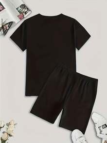 Women's Fashion Casual Two-Piece Set With I Have Two Titles Mom And Mimi And I Rock Them Both Floral Text Print, New Casual Round Neck Short Sleeve T-Shirt And Shorts Fashion Set, , Soft Breathable Fabric, Summer Pullover Top - 黑色 - 查看 4