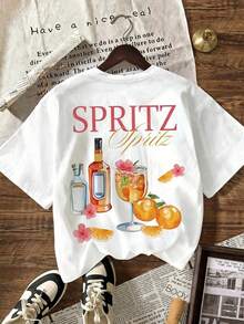 Camiseta gráfica SPRITZ CLUB, camiseta casual de manga corta con cuello redondo para mujer, para vacaciones de verano en la playa - Blanco - Ver 1