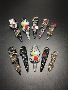 10片装，5.4厘米纯手工制作，精致高跟鞋造型美甲贴片，饰有水钻、豹纹、蜘蛛和骷髅图案。按压式美甲套装，适合女性和女孩，是情人节、派对、节日和日常佩戴的完美之选。美甲配件、亚克力美甲套装、手工按压美甲、假指甲贴纸和美甲用品。 - 彩色 - 查看 1