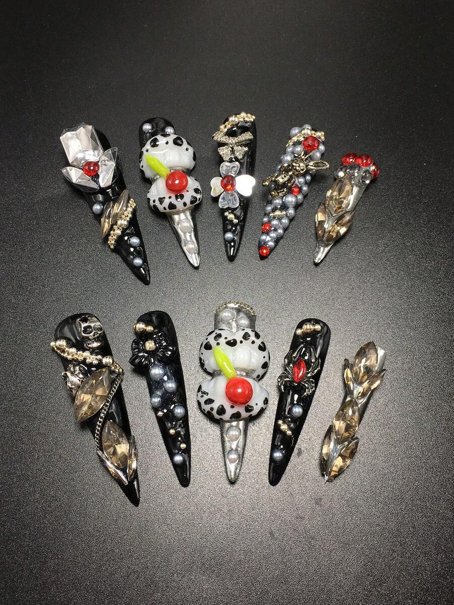 10片装,5.4厘米纯手工制作,精致高跟鞋造型美甲贴片,饰有水钻、豹纹、蜘蛛和骷髅图案。按压式美甲套装,适合女性和女孩,是情人节、派对、节日和日常佩戴的完美之选。美甲配件、亚克力美甲套装、手工按压美甲、假指甲贴纸和美甲用品。 - 彩色 - 查看 1