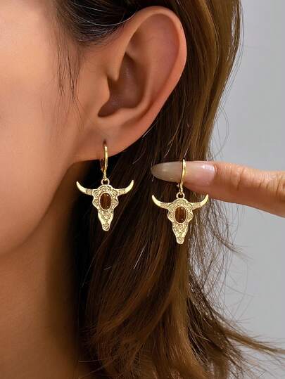 1 Đôi bông tai hình đầu bò sừng dài kiểu miền Tây mạ vàng dành cho nữ, bông tai hình đầu bò cổ điển đính đá mắt hổ, trang sức cá tính dành cho nữ giới yêu thích phong cách cao bồi.