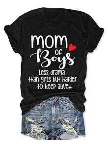 Camiseta de manga corta con cuello redondo y estampado para mujer, casual, estampado a doble cara - Negro - Ver 5