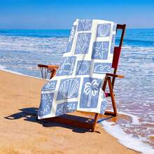 1-Piece Rustic Coastal Beach Towel-Hand Painted Palm Trees, Shells And Starfish On Blue Background, Soft Quick-Drying Microfiber For Travel, Swimming, Poolside, Sand, Machine Washable Outdoors - Multicolor - View 5