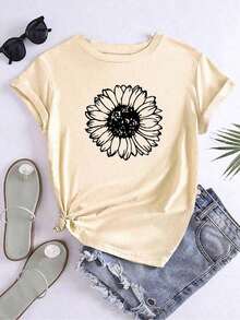Camiseta holgada con estampado de girasoles para mujer, blusas económicas para primavera y verano - Estilo vintage urbano, camiseta unisex de manga corta y cuello redondo, 100% algodón puro. - Albaricoque - Ver 7