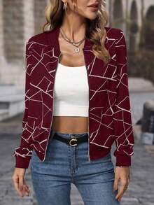 Chaqueta acolchada con cremallera de colores contrastantes, versátil para uso diario, estilo bomber compuesto - Burdeos - Ver 1