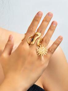 3pcs/Set Vintage Asymmetrical Sunflower Design Rings, Fashionable Versatile Rings Set For Women - Gold - View 2
